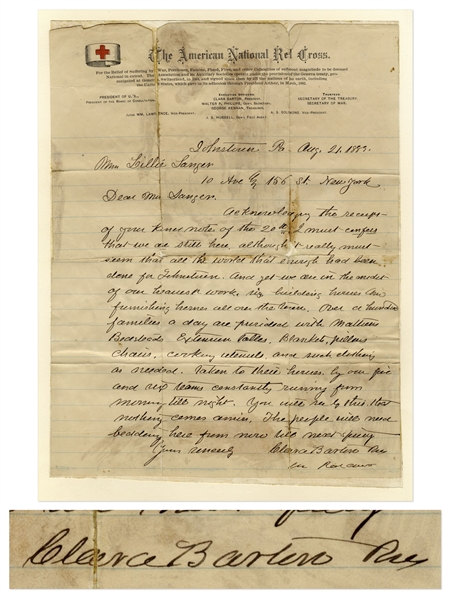 Clara Barton Autograph Letter Signed From Johnstown During the Johnstown Flood of 1889, the Event That Tested the Mettle of the American Red Cross -- ''...we are in the midst of our heaviest work...''